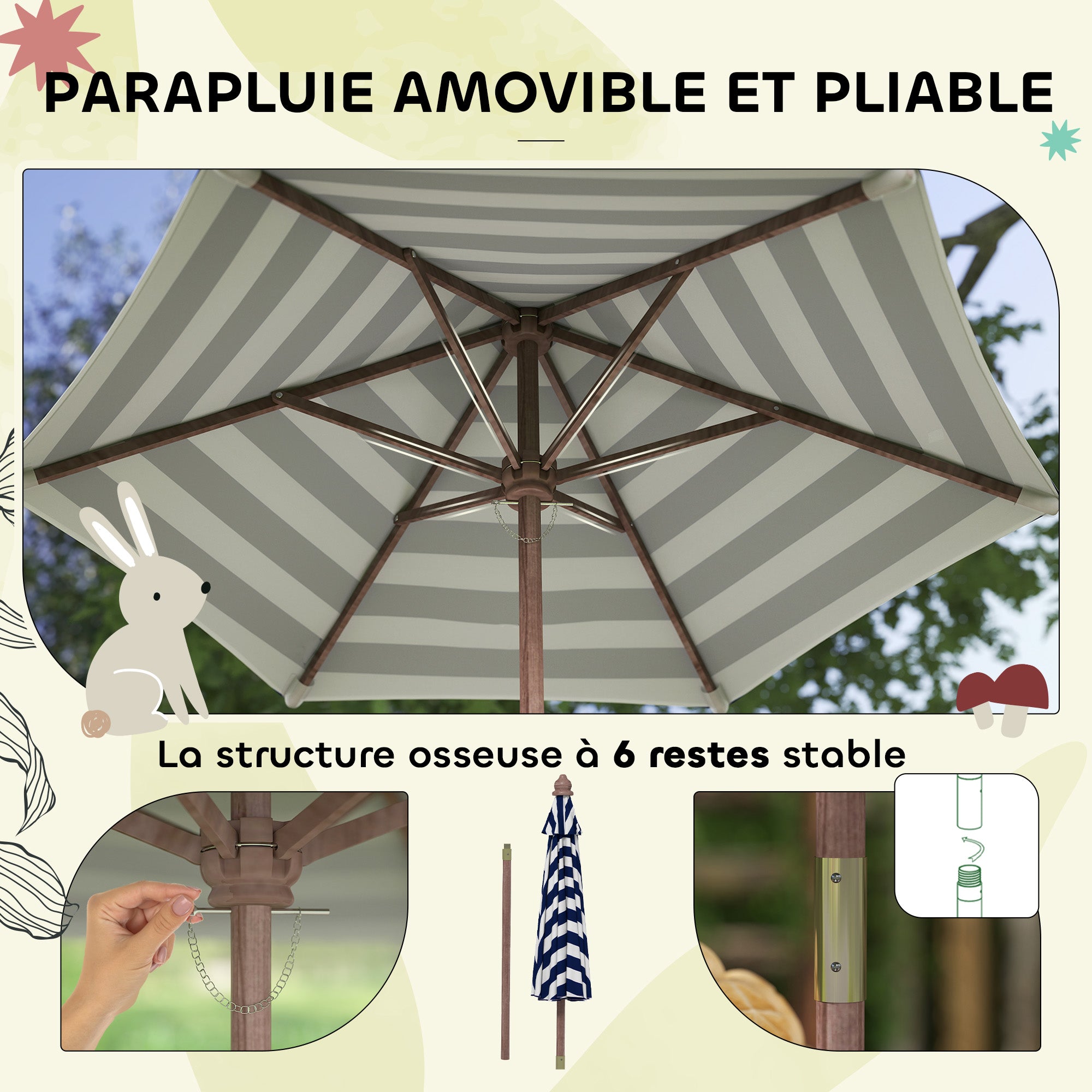 Outdoor Children's Garden Furniture Set, Children's Picnic Table with Benches, Cushions and Removable Parasol, for Garden, Lawn, Camping, Navy Blue and White Striped