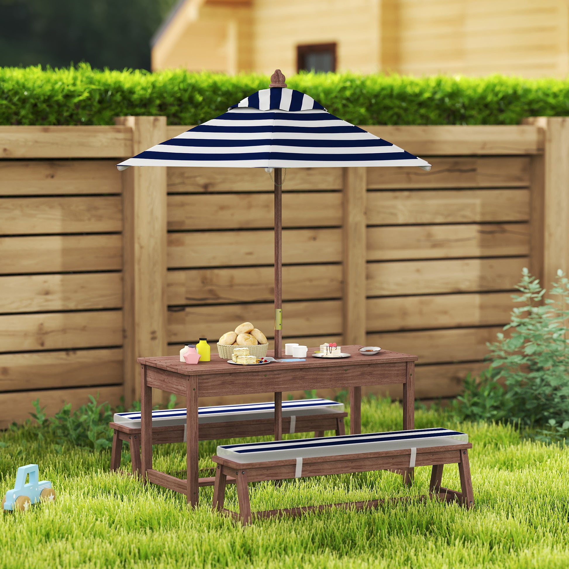 Outdoor Children's Garden Furniture Set, Children's Picnic Table with Benches, Cushions and Removable Parasol, for Garden, Lawn, Camping, Navy Blue and White Striped