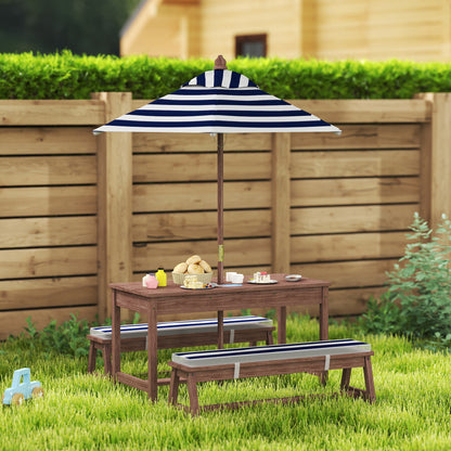 Outdoor Children's Garden Furniture Set, Children's Picnic Table with Benches, Cushions and Removable Parasol, for Garden, Lawn, Camping, Navy Blue and White Striped