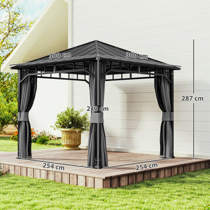 3 x 3 m Waterproof Garden Gazebo — Galvanized Metal Hardtop, Curtains & Mosquito Net, Ceiling Hook, Dark Gray