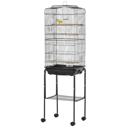 Bird Cage with Wheels 46.5x36x157 cm Metal Bird Cage with Doors 4 Feeders 3 Perches Removable Tray and Storage Shelf for Canaries Parakeets Black