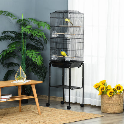 Bird Cage with Wheels 46.5x36x157 cm Metal Bird Cage with Doors 4 Feeders 3 Perches Removable Tray and Storage Shelf for Canaries Parakeets Black