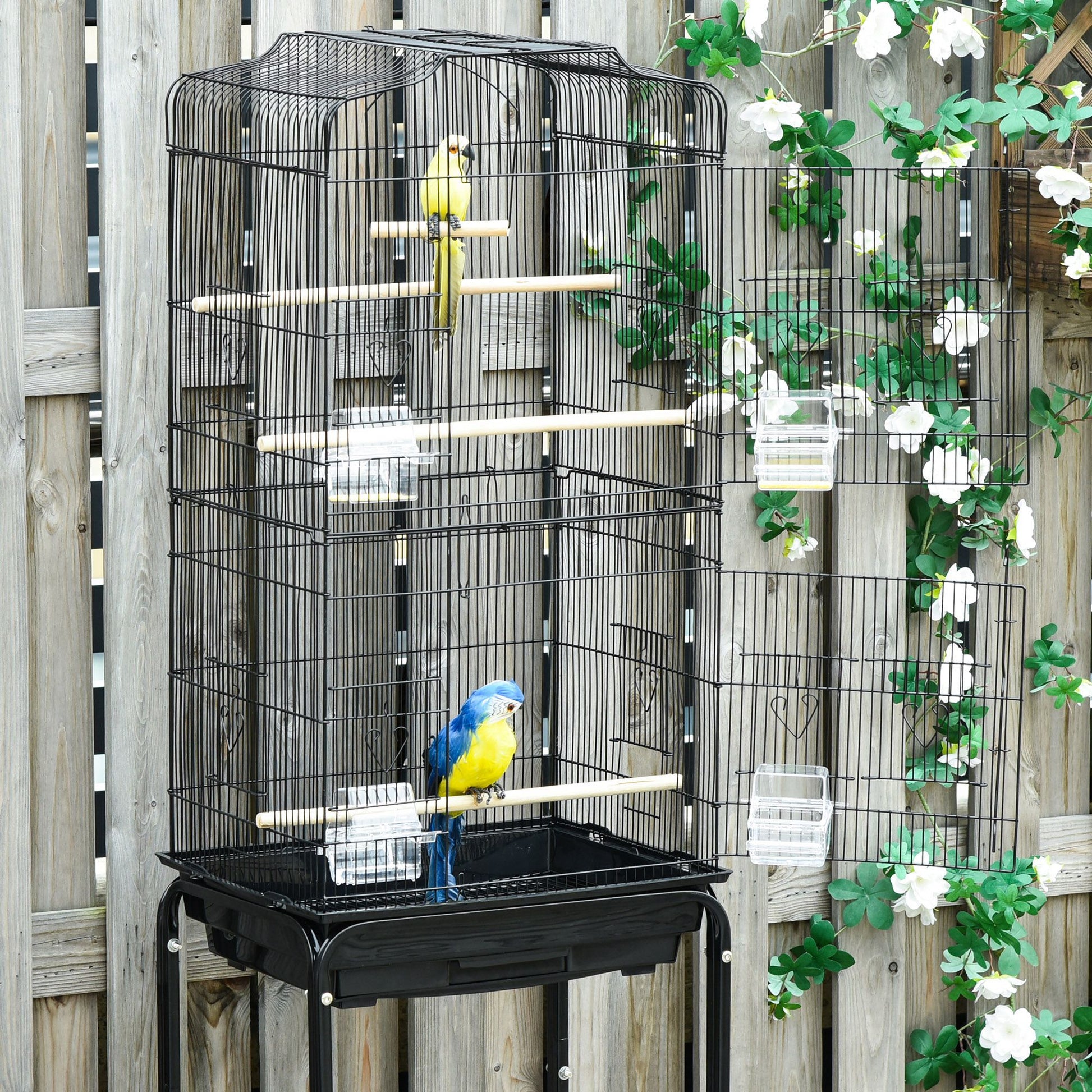 Bird Cage with Wheels 46.5x36x157 cm Metal Bird Cage with Doors 4 Feeders 3 Perches Removable Tray and Storage Shelf for Canaries Parakeets Black