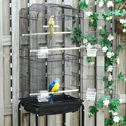 Bird Cage with Wheels 46.5x36x157 cm Metal Bird Cage with Doors 4 Feeders 3 Perches Removable Tray and Storage Shelf for Canaries Parakeets Black