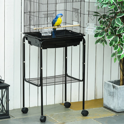 Bird Cage with Wheels 46.5x36x157 cm Metal Bird Cage with Doors 4 Feeders 3 Perches Removable Tray and Storage Shelf for Canaries Parakeets Black