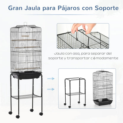 Bird Cage with Wheels 46.5x36x157 cm Metal Bird Cage with Doors 4 Feeders 3 Perches Removable Tray and Storage Shelf for Canaries Parakeets Black