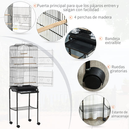 Bird Cage with Wheels 46.5x36x157 cm Metal Bird Cage with Doors 4 Feeders 3 Perches Removable Tray and Storage Shelf for Canaries Parakeets Black