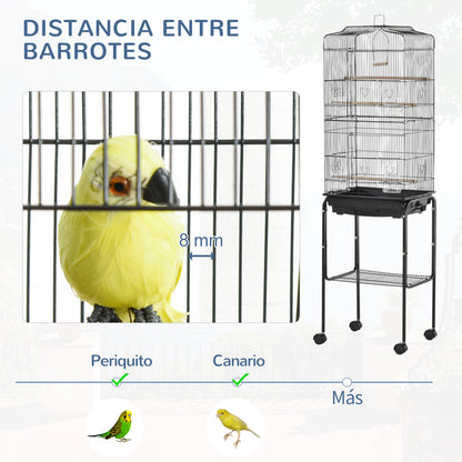 Bird Cage with Wheels 46.5x36x157 cm Metal Bird Cage with Doors 4 Feeders 3 Perches Removable Tray and Storage Shelf for Canaries Parakeets Black