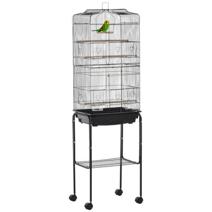 Bird Cage with Wheels 46.5x36x157 cm Metal Bird Cage with Doors 4 Feeders 3 Perches Removable Tray and Storage Shelf for Canaries Parakeets Black