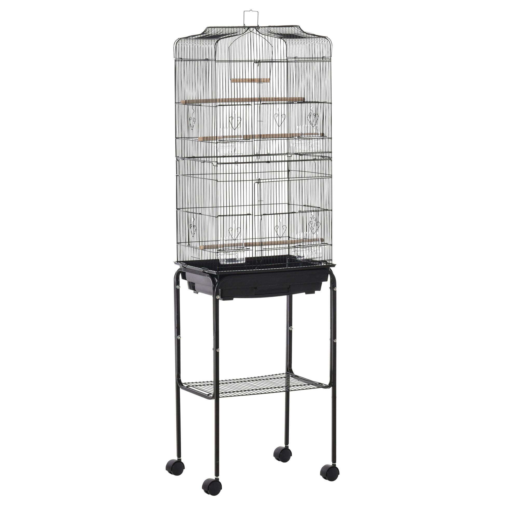 Bird Cage with Wheels 46.5x36x157 cm Metal Bird Cage with Doors 4 Feeders 3 Perches Removable Tray and Storage Shelf for Canaries Parakeets Black