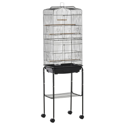 Bird Cage with Wheels 46.5x36x157 cm Metal Bird Cage with Doors 4 Feeders 3 Perches Removable Tray and Storage Shelf for Canaries Parakeets Black