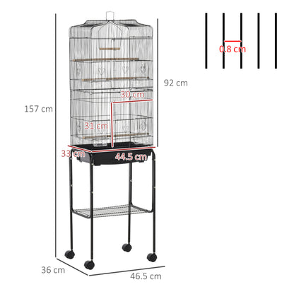 Bird Cage with Wheels 46.5x36x157 cm Metal Bird Cage with Doors 4 Feeders 3 Perches Removable Tray and Storage Shelf for Canaries Parakeets Black