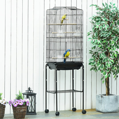 Bird Cage with Wheels 46.5x36x157 cm Metal Bird Cage with Doors 4 Feeders 3 Perches Removable Tray and Storage Shelf for Canaries Parakeets Black