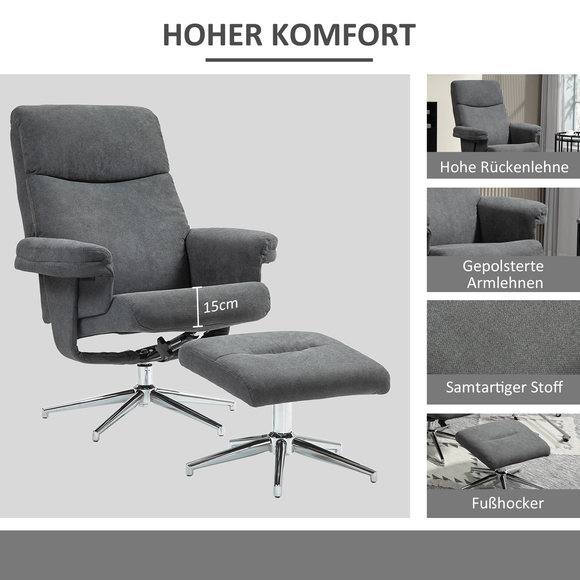 Recliner with Ottoman, Padded TV Armchair with Reclining Function, Lounge Chair with Velvet Look, supports up to 150 kg, for Living Room, Bedroom, Dark Gray