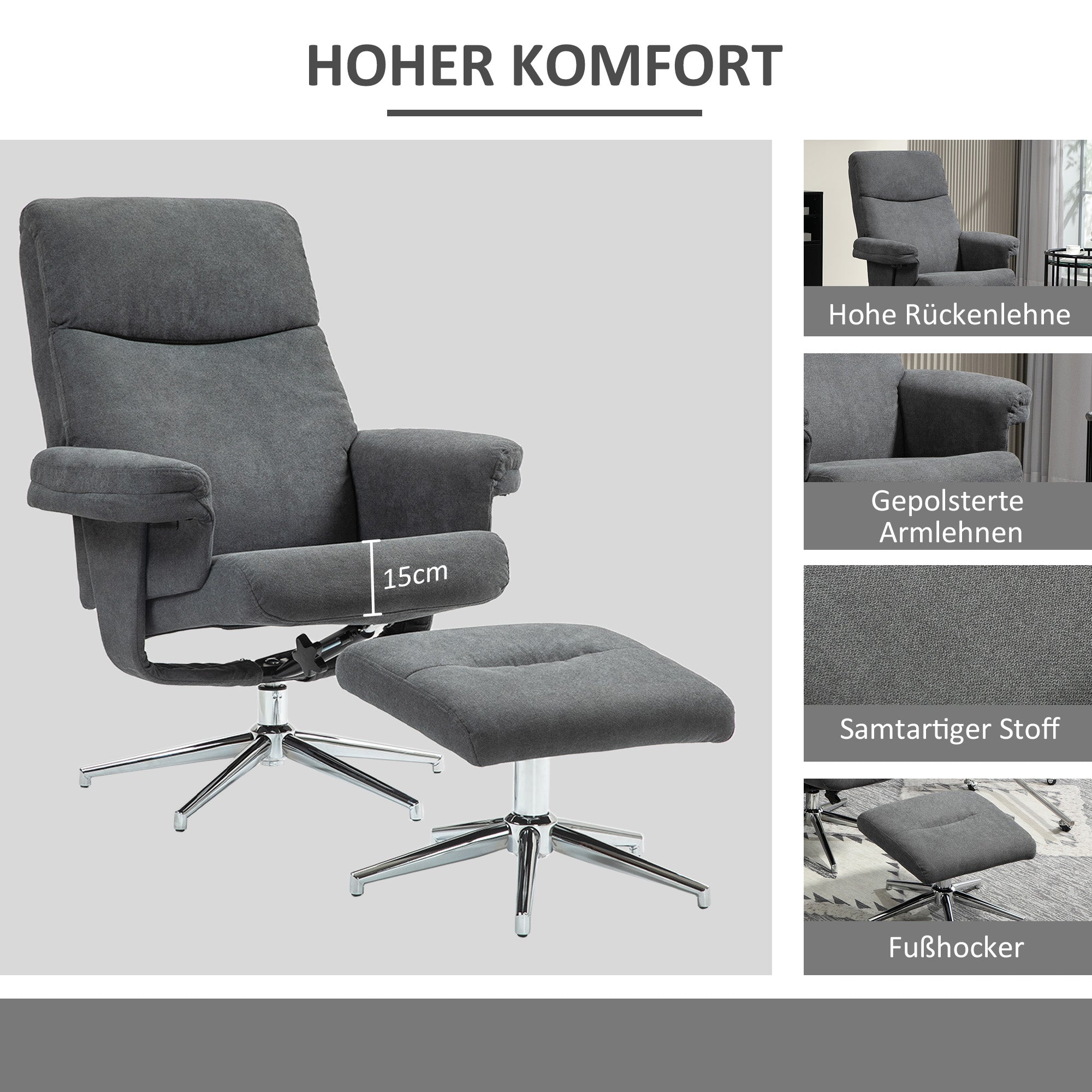 Recliner with Ottoman, Padded TV Armchair with Reclining Function, Lounge Chair with Velvet Look, supports up to 150 kg, for Living Room, Bedroom, Dark Gray