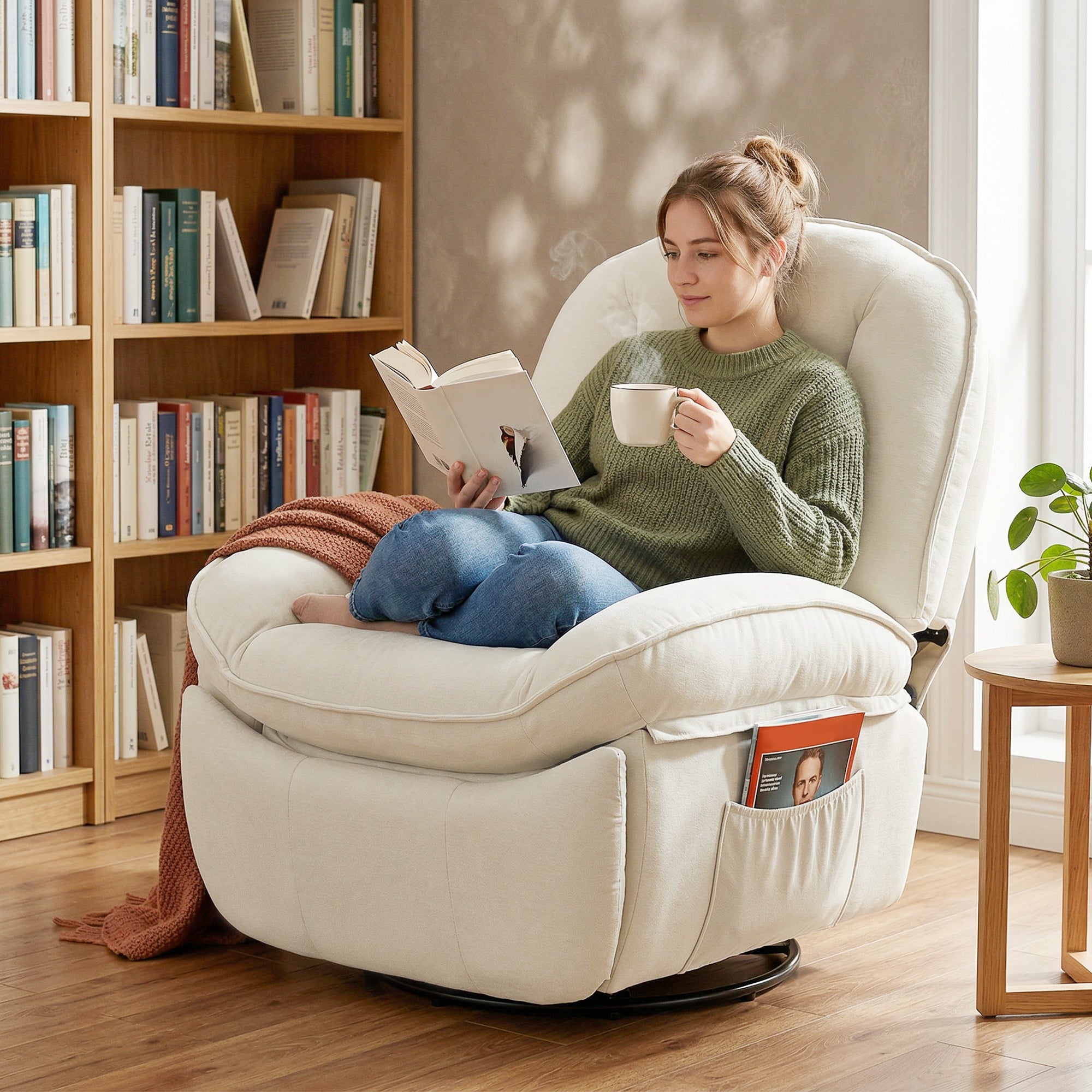 Recliner Chair — Padded Swivel & Rocking TV Recliner with Footrest, Deep Seat, Chenille Upholstery, Side Pocket, Up to 331 lb, Cream