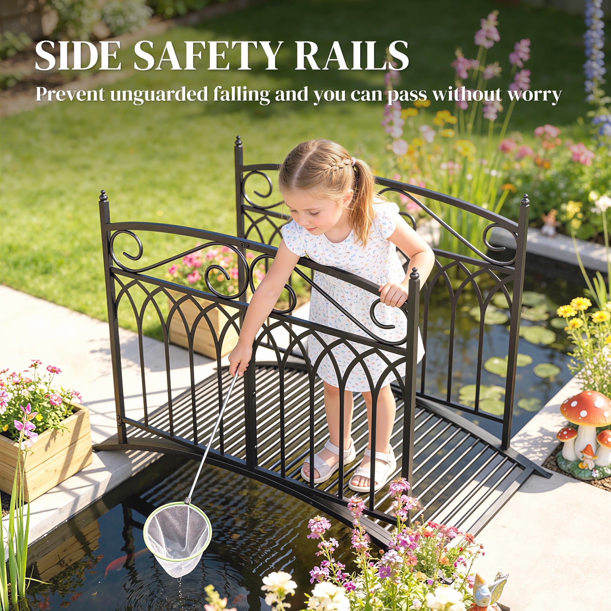 Metal Garden Bridge, 53.3 in (135.5 cm) — Antique-Style, Rust-Resistant Pond Bridge with Safety Rails