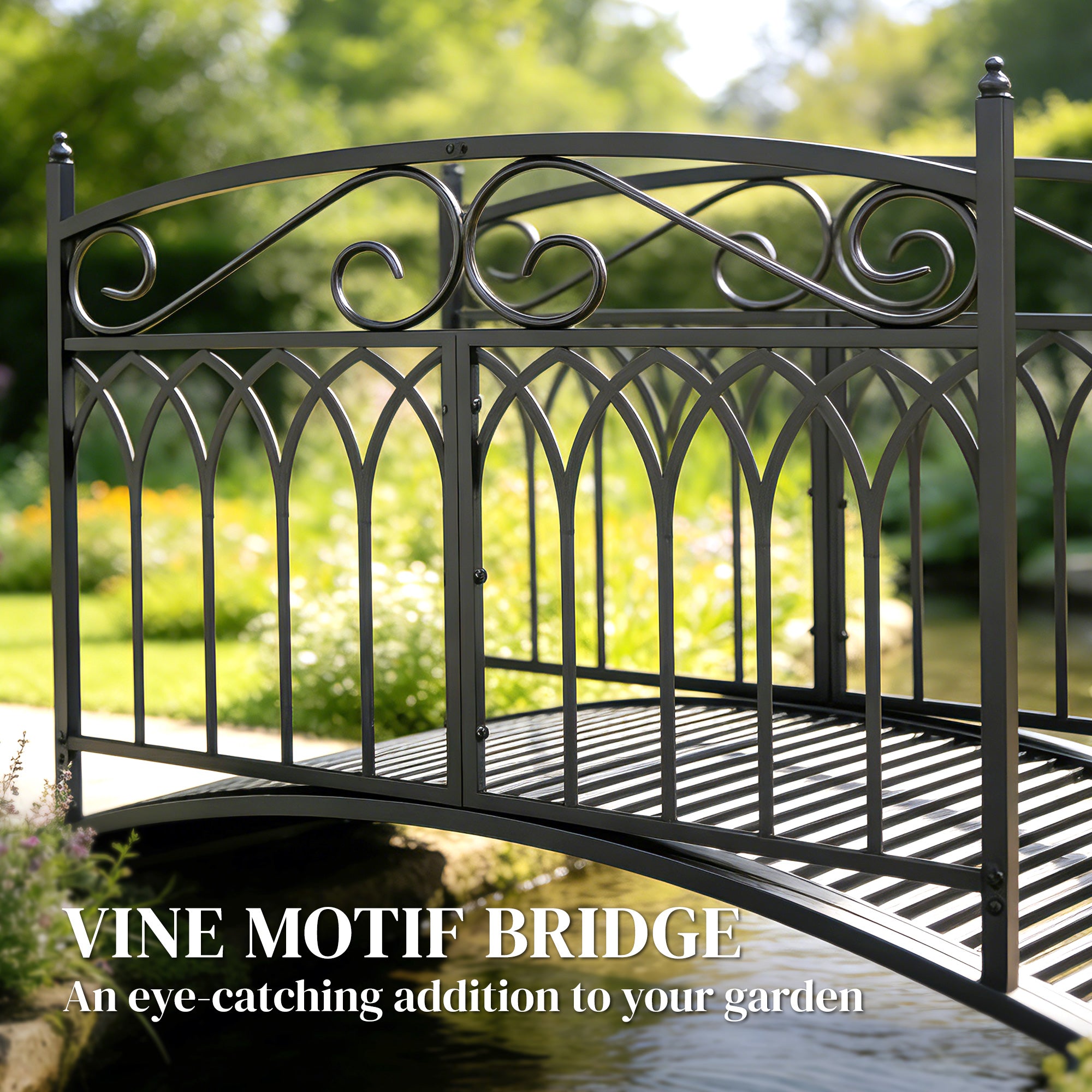Metal Garden Bridge, 53.3 in (135.5 cm) — Antique-Style, Rust-Resistant Pond Bridge with Safety Rails