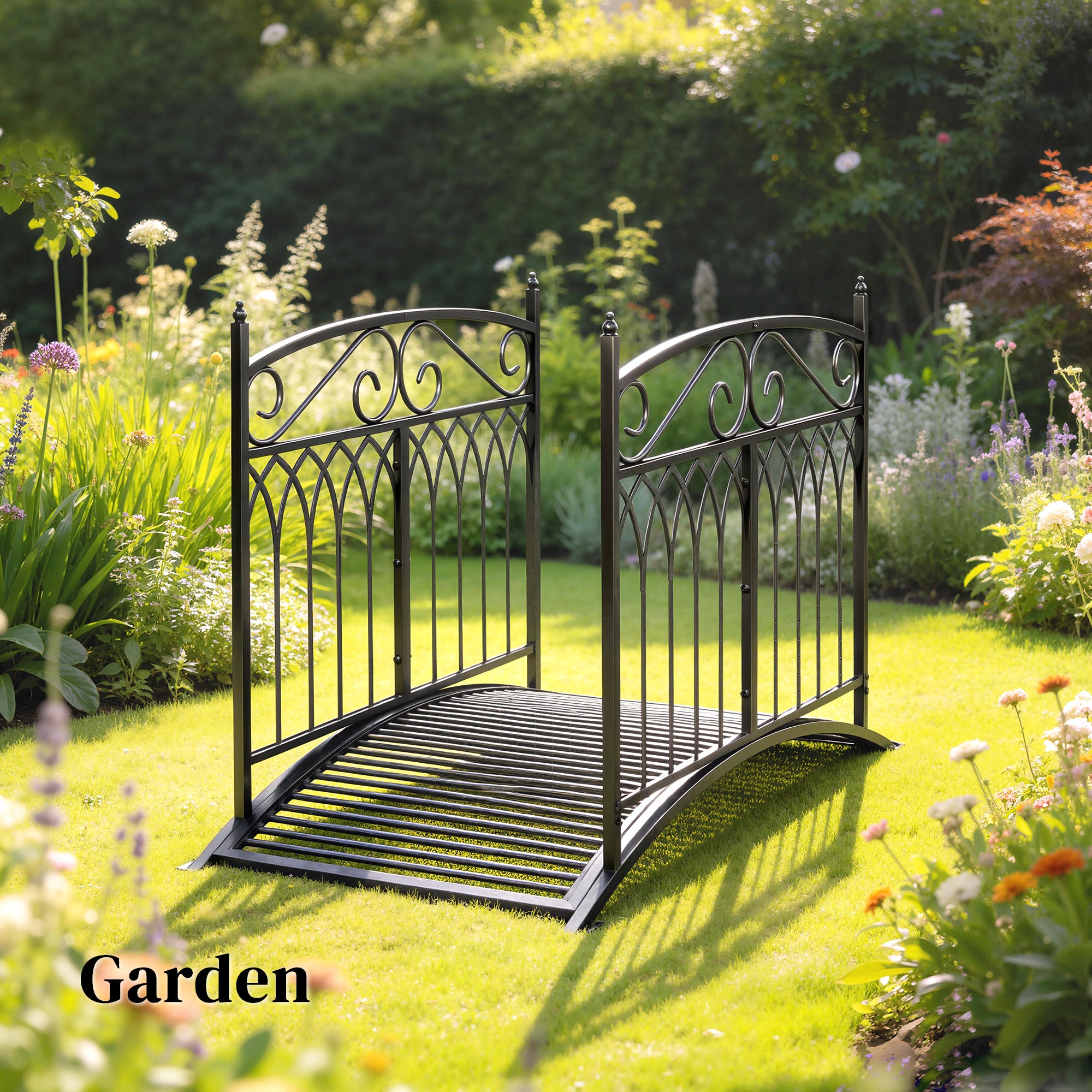 Metal Garden Bridge, 53.3 in (135.5 cm) — Antique-Style, Rust-Resistant Pond Bridge with Safety Rails