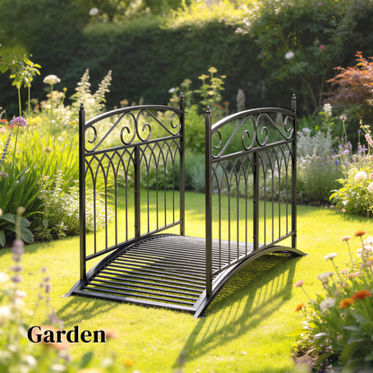 Metal Garden Bridge, 53.3 in (135.5 cm) — Antique-Style, Rust-Resistant Pond Bridge with Safety Rails
