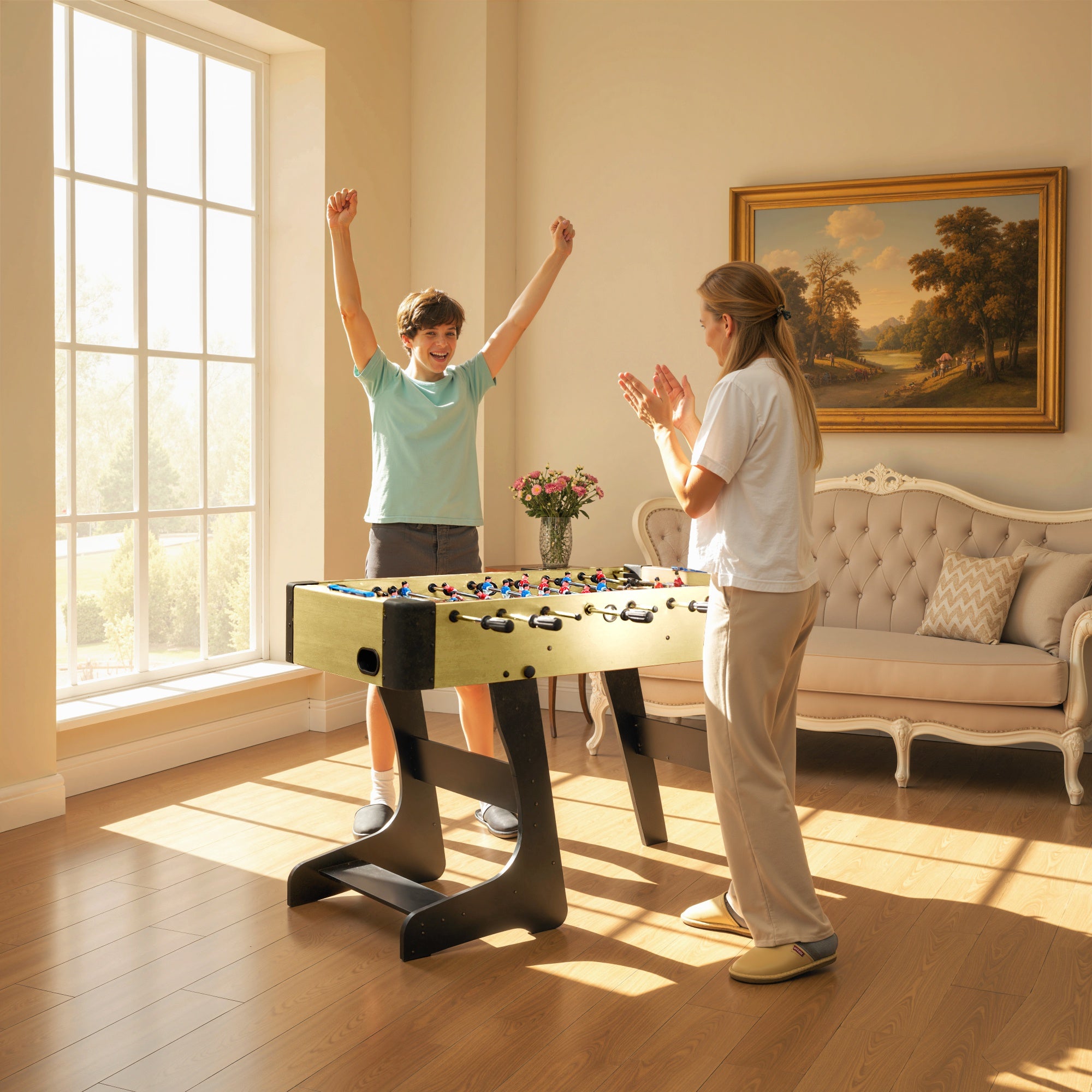 SPORTNOW Folding Kids Foosball Table, Wood-Effect Finish, 2 Scorekeepers, 8 Handles, 22 Players, 8 Rods, 2 Balls — For 2–4 Players, Families & Parties — 118 × 107.5 × 78 cm (46.5 × 42.3 × 30.7 in), Natural