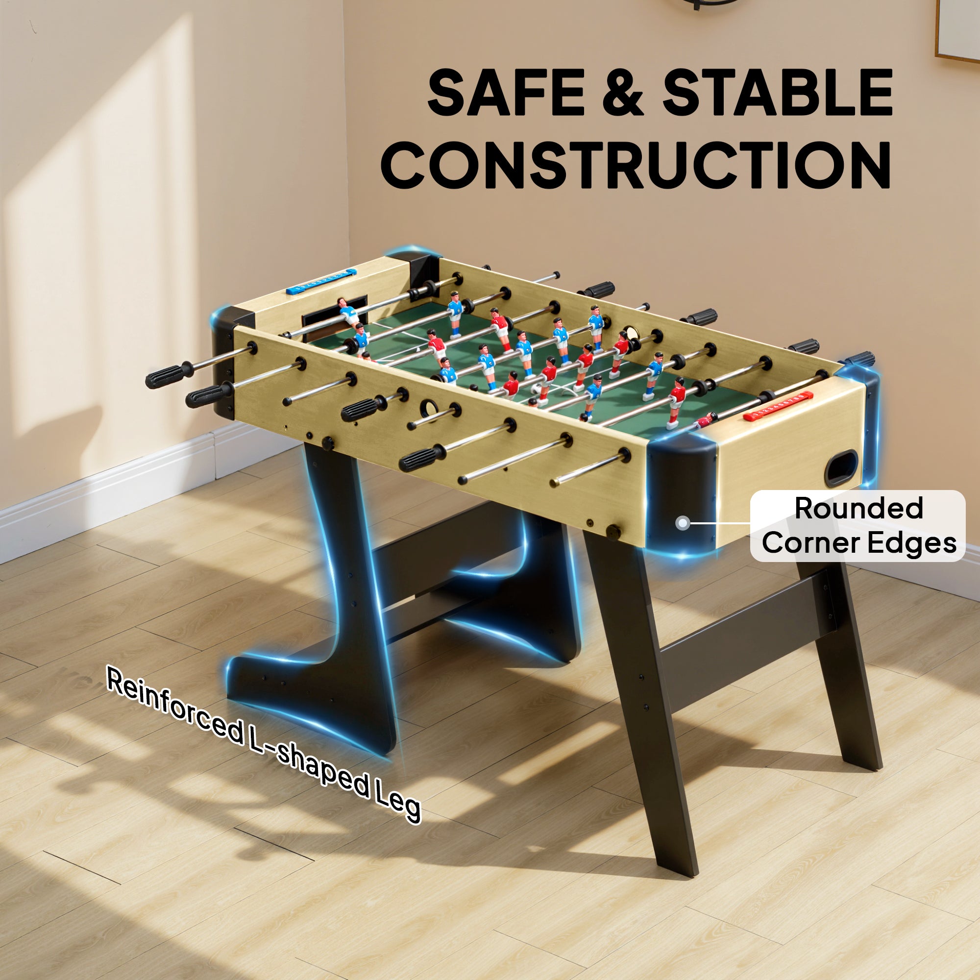SPORTNOW Folding Kids Foosball Table, Wood-Effect Finish, 2 Scorekeepers, 8 Handles, 22 Players, 8 Rods, 2 Balls — For 2–4 Players, Families & Parties — 118 × 107.5 × 78 cm (46.5 × 42.3 × 30.7 in), Natural