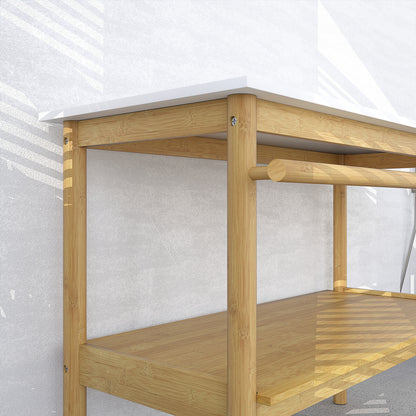 Bathroom shelf storage, bamboo bathroom furniture with 2 tiers with towel bar, open shelf, dim. 100W x 48D x 75H cm, natural and white