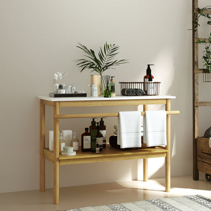 Bathroom shelf storage, bamboo bathroom furniture with 2 tiers with towel bar, open shelf, dim. 100W x 48D x 75H cm, natural and white