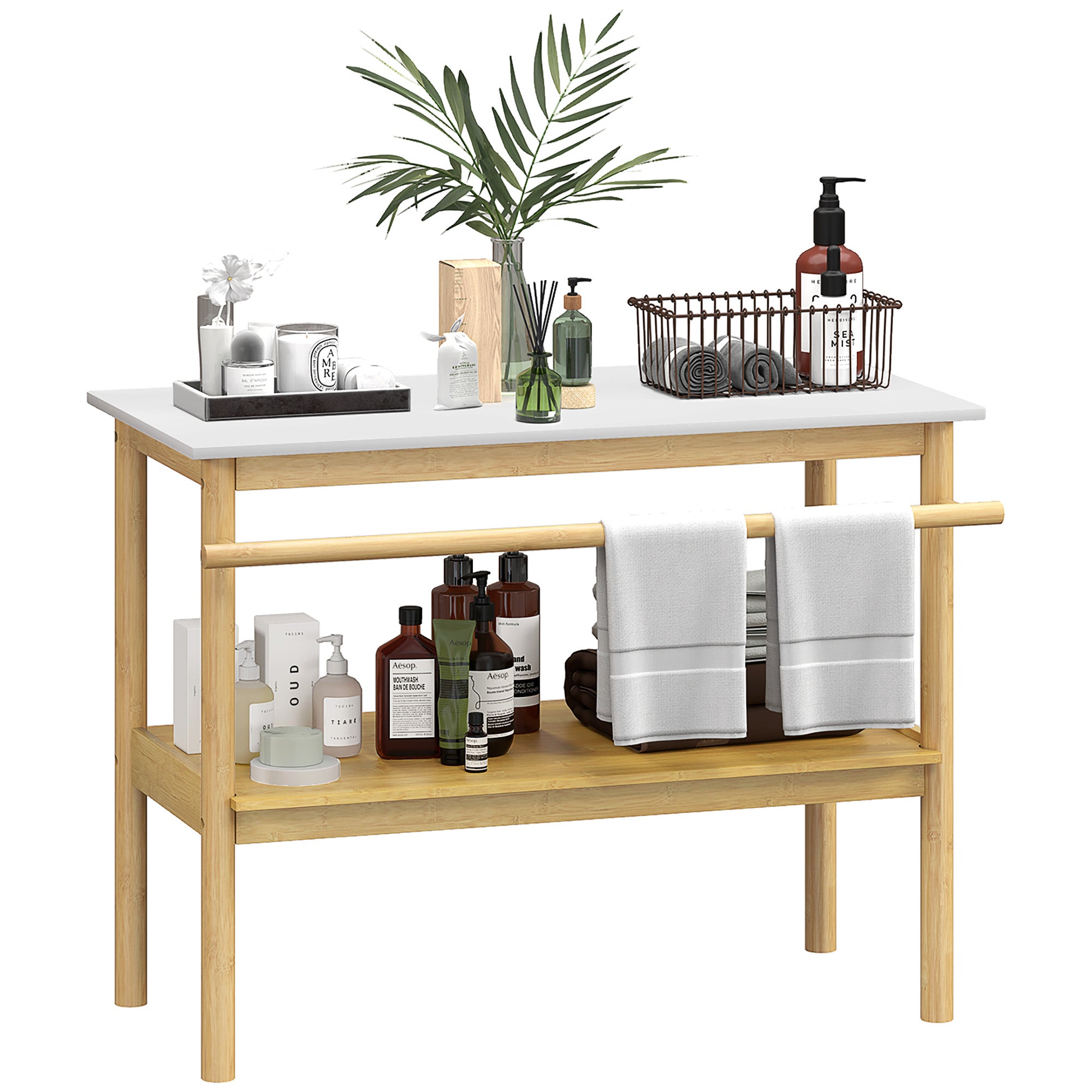 Bathroom shelf storage, bamboo bathroom furniture with 2 tiers with towel bar, open shelf, dim. 100W x 48D x 75H cm, natural and white