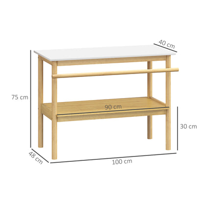 Bathroom shelf storage, bamboo bathroom furniture with 2 tiers with towel bar, open shelf, dim. 100W x 48D x 75H cm, natural and white