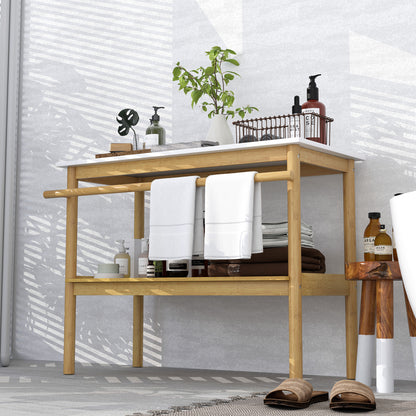 Bathroom shelf storage, bamboo bathroom furniture with 2 tiers with towel bar, open shelf, dim. 100W x 48D x 75H cm, natural and white