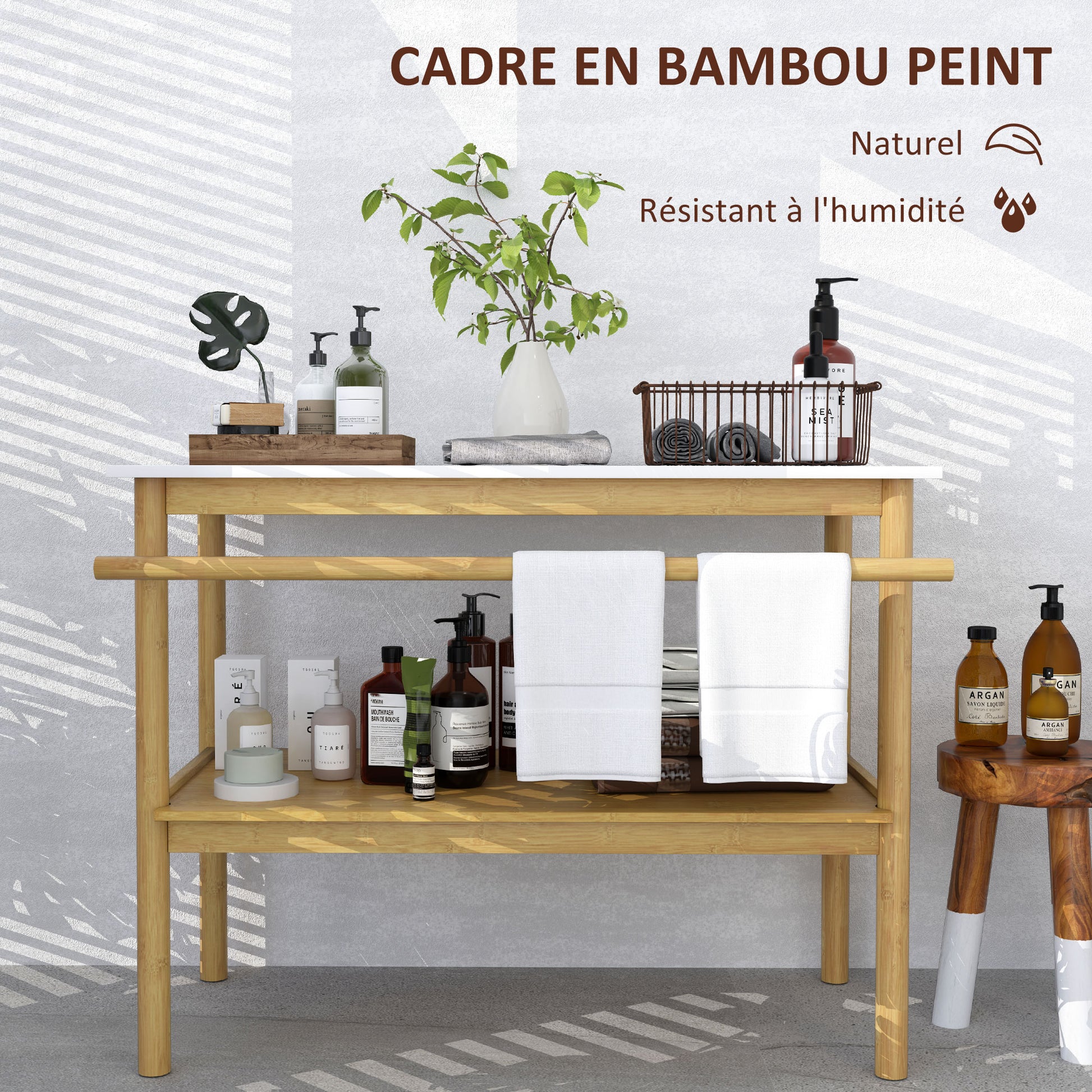 Bathroom shelf storage, bamboo bathroom furniture with 2 tiers with towel bar, open shelf, dim. 100W x 48D x 75H cm, natural and white