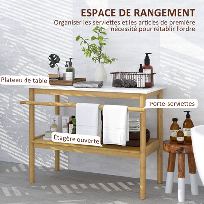 Bathroom shelf storage, bamboo bathroom furniture with 2 tiers with towel bar, open shelf, dim. 100W x 48D x 75H cm, natural and white