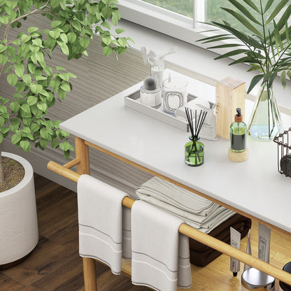 Bathroom shelf storage, bamboo bathroom furniture with 2 tiers with towel bar, open shelf, dim. 100W x 48D x 75H cm, natural and white