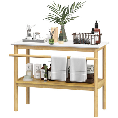 Bathroom shelf storage, bamboo bathroom furniture with 2 tiers with towel bar, open shelf, dim. 100W x 48D x 75H cm, natural and white