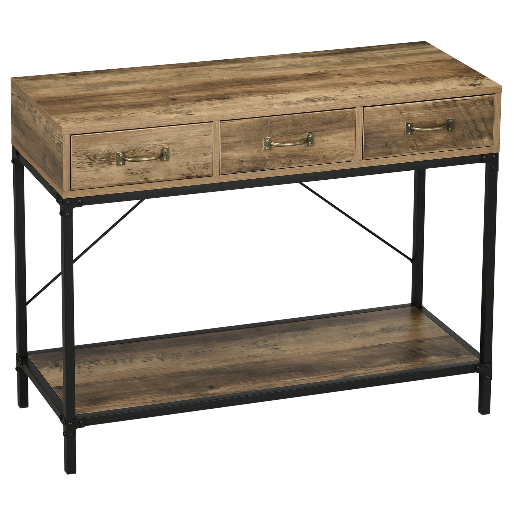 Console Table, Entryway Table, End Table, Carbon Steel Frame, Easy Assembly, with 3 Drawers and 1 Wood Grain Tray, Industrial Design, 100 x 35 x 76.5 cm, Light Brown
