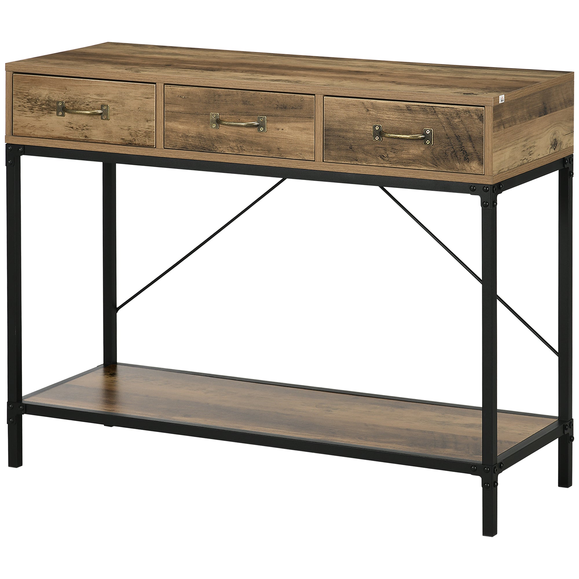 Console Table, Entryway Table, End Table, Carbon Steel Frame, Easy Assembly, with 3 Drawers and 1 Wood Grain Tray, Industrial Design, 100 x 35 x 76.5 cm, Light Brown