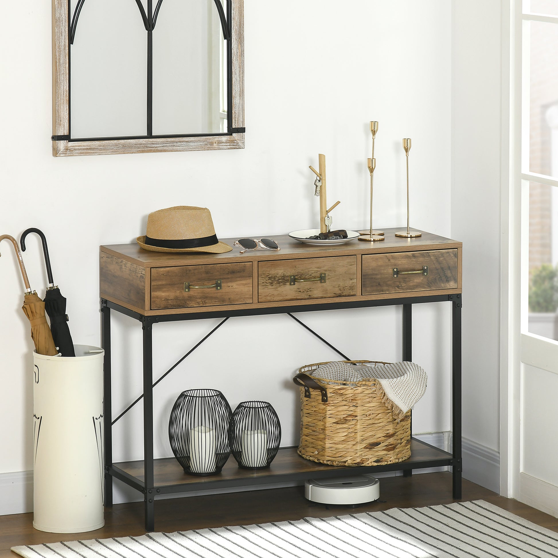 Console Table, Entryway Table, End Table, Carbon Steel Frame, Easy Assembly, with 3 Drawers and 1 Wood Grain Tray, Industrial Design, 100 x 35 x 76.5 cm, Light Brown