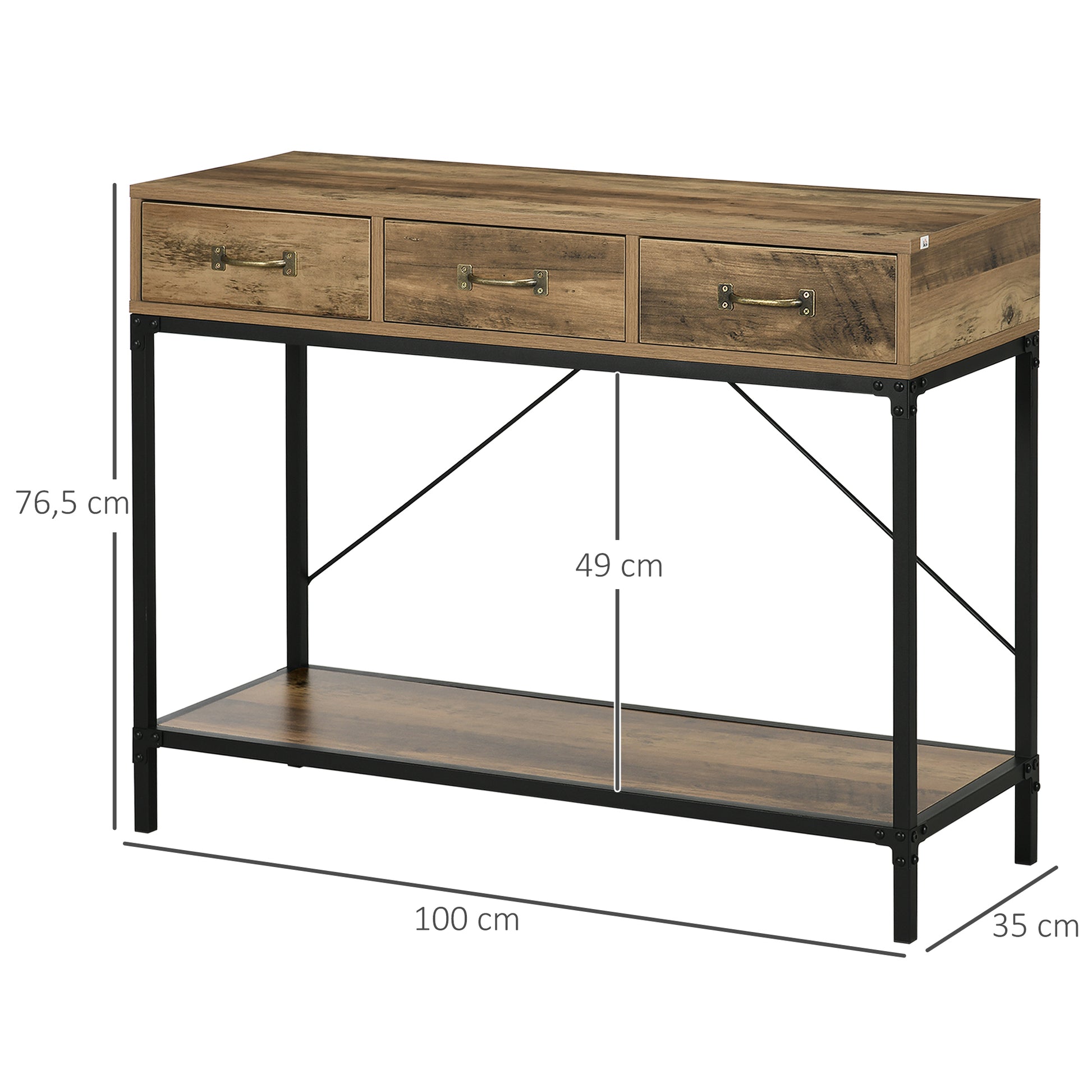 Console Table, Entryway Table, End Table, Carbon Steel Frame, Easy Assembly, with 3 Drawers and 1 Wood Grain Tray, Industrial Design, 100 x 35 x 76.5 cm, Light Brown