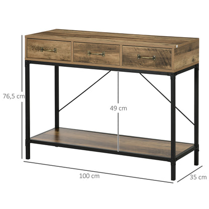Console Table, Entryway Table, End Table, Carbon Steel Frame, Easy Assembly, with 3 Drawers and 1 Wood Grain Tray, Industrial Design, 100 x 35 x 76.5 cm, Light Brown