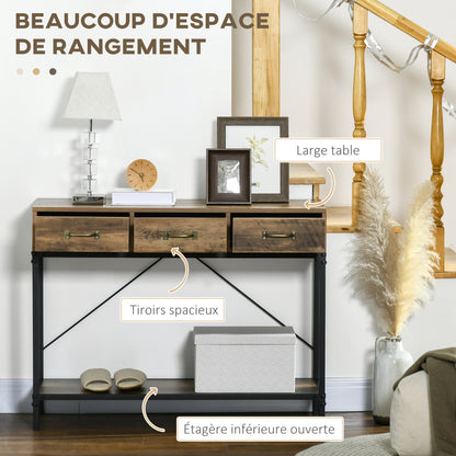 Console Table, Entryway Table, End Table, Carbon Steel Frame, Easy Assembly, with 3 Drawers and 1 Wood Grain Tray, Industrial Design, 100 x 35 x 76.5 cm, Light Brown