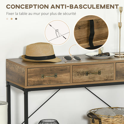 Console Table, Entryway Table, End Table, Carbon Steel Frame, Easy Assembly, with 3 Drawers and 1 Wood Grain Tray, Industrial Design, 100 x 35 x 76.5 cm, Light Brown