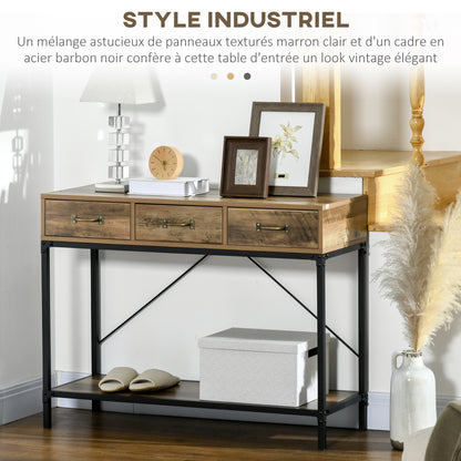 Console Table, Entryway Table, End Table, Carbon Steel Frame, Easy Assembly, with 3 Drawers and 1 Wood Grain Tray, Industrial Design, 100 x 35 x 76.5 cm, Light Brown