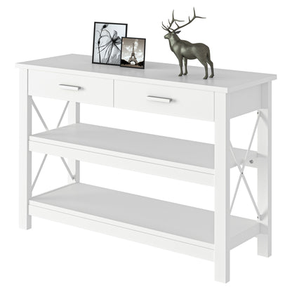 Console Table Hallway Table with 2 Drawers and Lower Shelves Modern Style Metal Frame 105x40x76 cm White