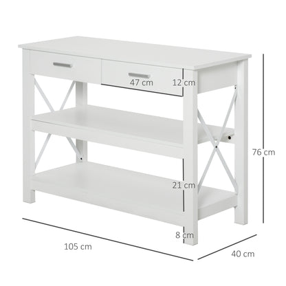 Console Table Hallway Table with 2 Drawers and Lower Shelves Modern Style Metal Frame 105x40x76 cm White