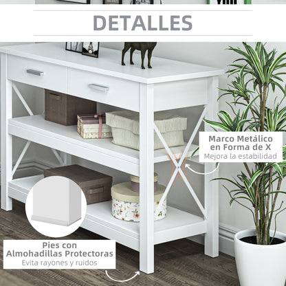 Console Table Hallway Table with 2 Drawers and Lower Shelves Modern Style Metal Frame 105x40x76 cm White