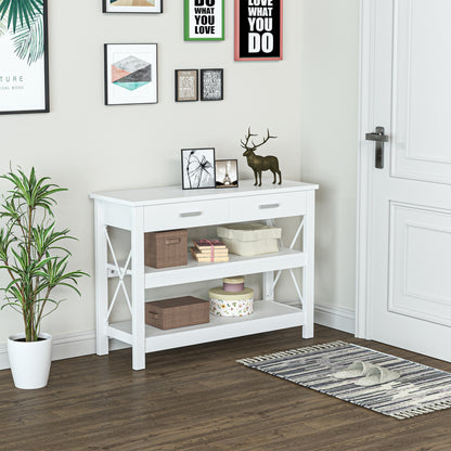 Console Table Hallway Table with 2 Drawers and Lower Shelves Modern Style Metal Frame 105x40x76 cm White