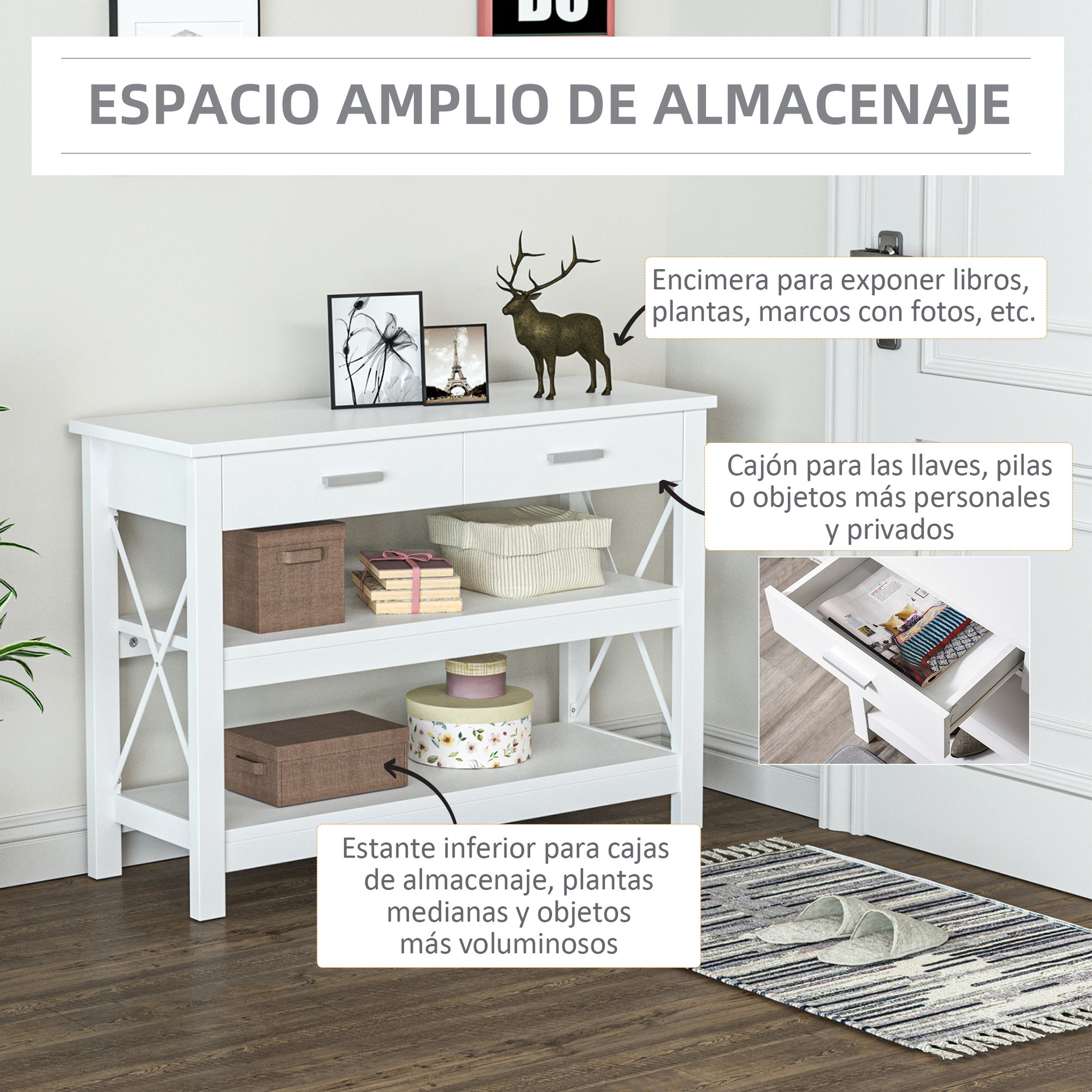 Console Table Hallway Table with 2 Drawers and Lower Shelves Modern Style Metal Frame 105x40x76 cm White