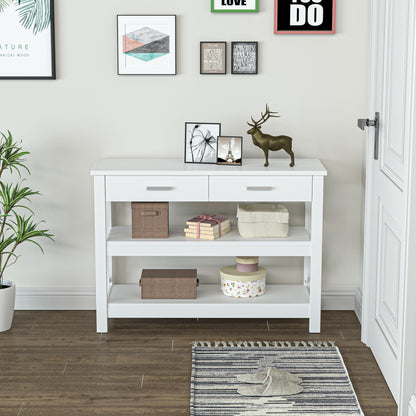 Console Table Hallway Table with 2 Drawers and Lower Shelves Modern Style Metal Frame 105x40x76 cm White