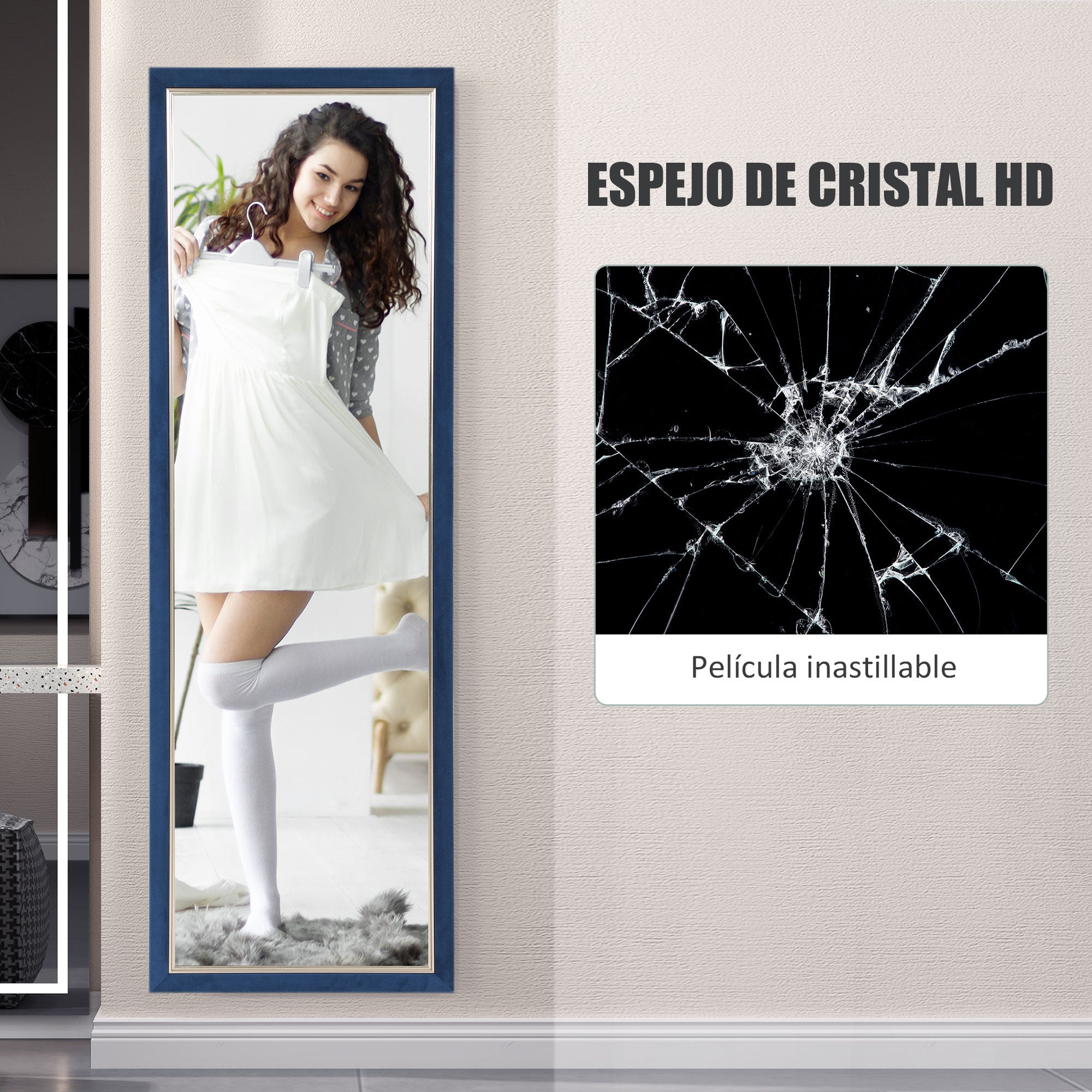Full-Length Mirror 150x50 cm Freestanding or Wall-Mounted Mirror with Velvet Frame and Stand for Living Room Bedroom Blue